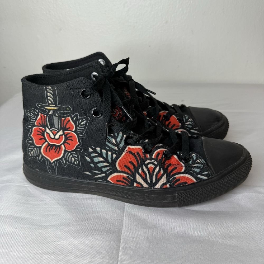 Raad Traditional Red Flower Dagger Black High Top Sneakers Shoes Womens 9.5 - Picture 5 of 14